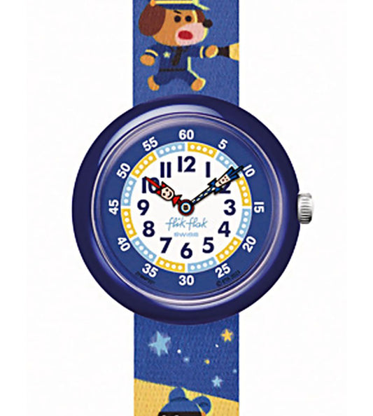 Flik Flak PAWS UP FBNP221 Kinderuhr blaues Band und Gehäuse Polizei Teddy Bär
