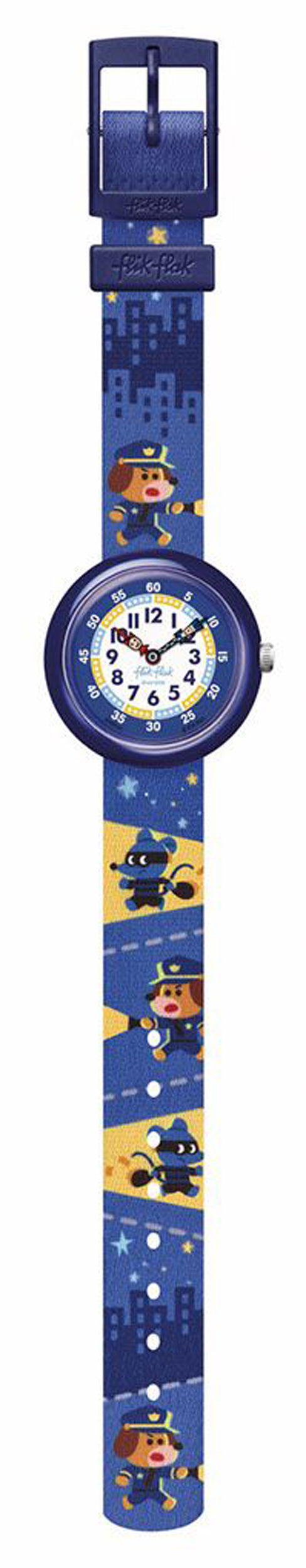 Flik Flak PAWS UP FBNP221 Kinderuhr blaues Band und Gehäuse Polizei Teddy Bär