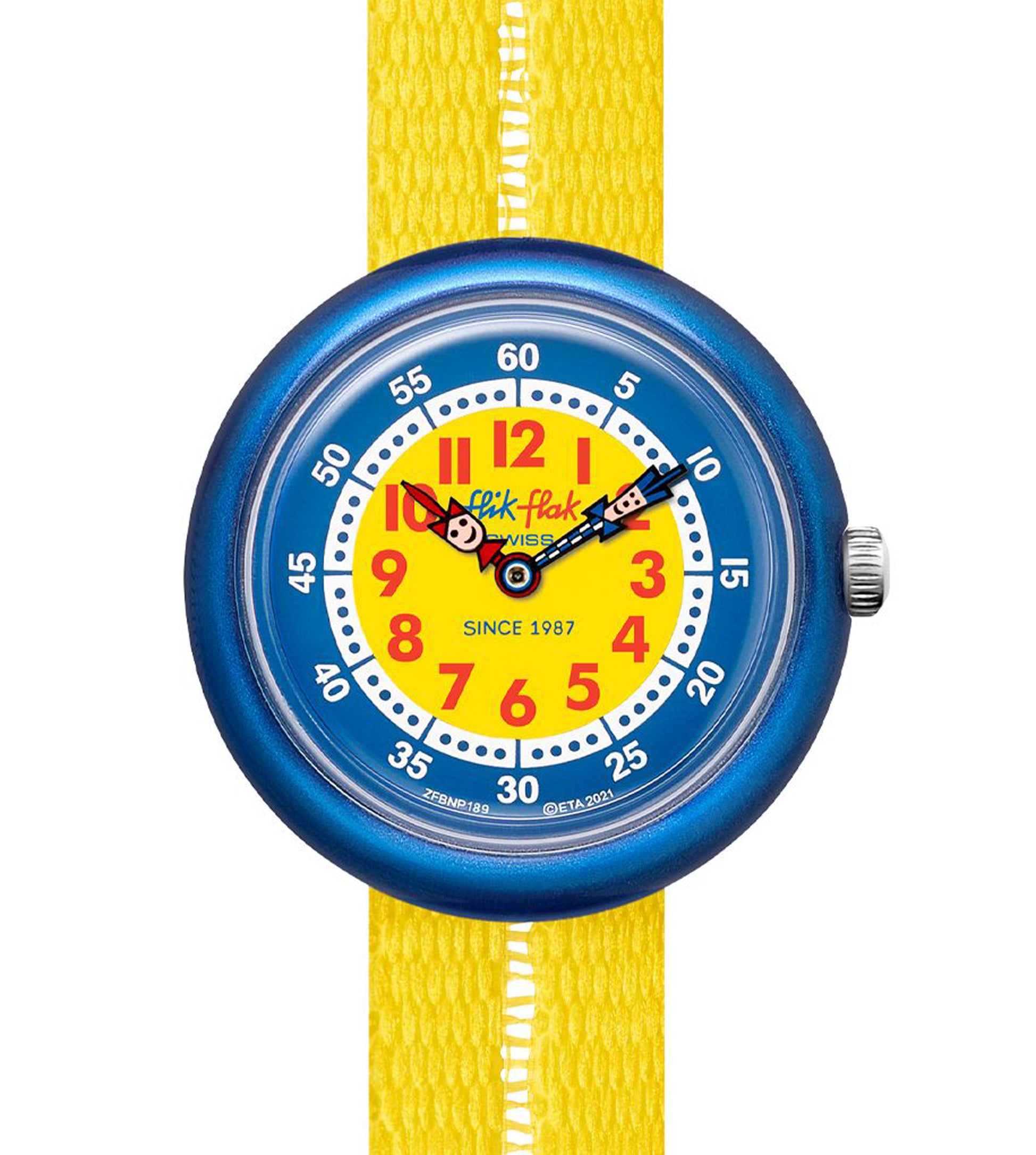 Flik Flak RETRO YELLOW mit blauem Gehäuse und einen gelben Armband
