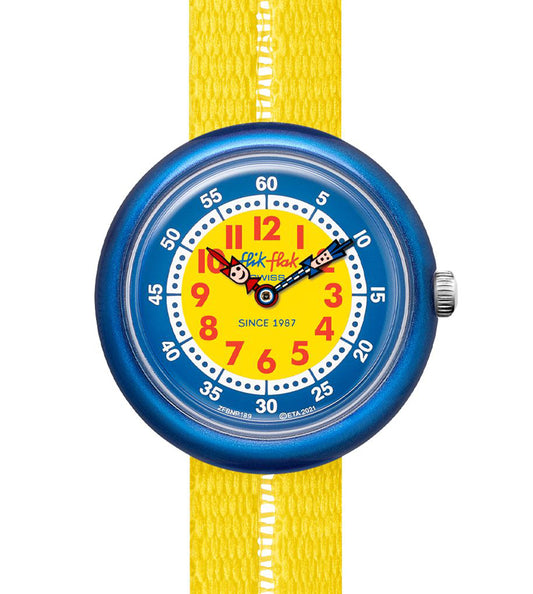 Flik Flak RETRO YELLOW mit blauem Gehäuse und einen gelben Armband