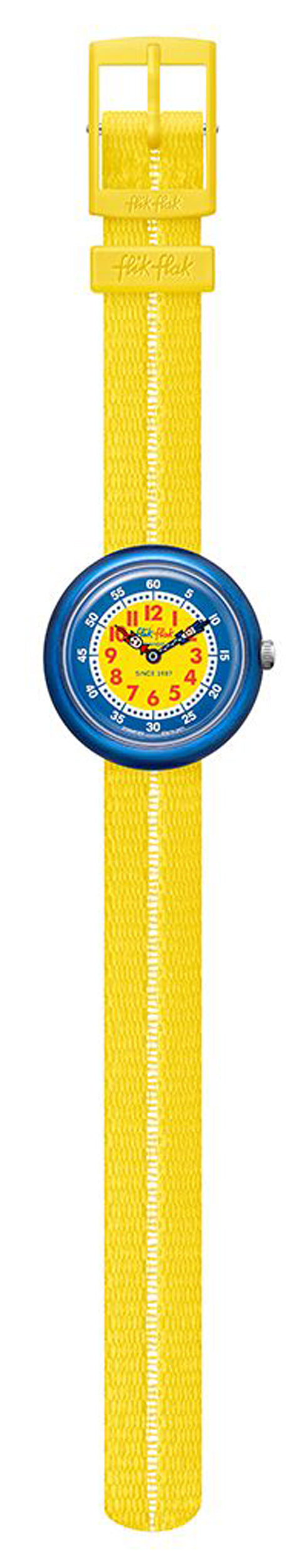 Flik Flak RETRO YELLOW mit blauem Gehäuse und einen gelben Armband